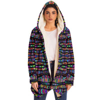 Rainbow Tribe Micro Fleece Cloak, Hooded Wearable Art, Psychedelic Festival Layer — back — hood raised