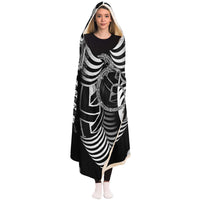 Hypnotica Hooded Blanket, Masked Totem Monochrome Sherpa Throw, Dark Boho Gift, Ritual Sacred Geometry Blanket