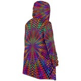 Rainbow Flow Micro Fleece Cloak, Hooded Wearable Art, Psychedelic Festival Layer — back — hood raised