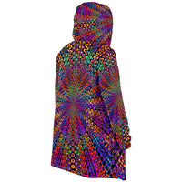Rainbow Flow Micro Fleece Cloak, Hooded Wearable Art, Psychedelic Festival Layer — back — hood raised