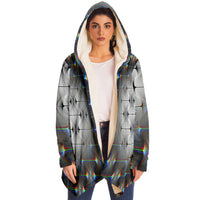 Tripswitch Micro Fleece Cloak, Hooded Wearable Art, Psychedelic Festival Layer — wearer-right three-quarter — hood lowered