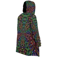 Icaro Flow Micro Fleece Cloak, Hooded Wearable Art, Psychedelic Festival Layer — wearer-right three-quarter — hood lowered