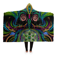 Primordial Presence Hooded Blanket, Cosmic Mask Neon Sherpa Throw, Visionary Spiritual Gift, Ancient Sacred Geometry Blanket
