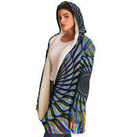 Phonetic Vortex Micro Fleece Cloak, Hooded Wearable Art, Psychedelic Festival Layer — back — hood raised