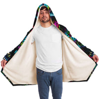 Jungle Juice Micro Fleece Cloak, Hooded Wearable Art, Psychedelic Festival Layer — wearer-right three-quarter — hood lowered