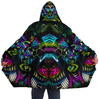 Jungle Juice Micro Fleece Cloak, Hooded Wearable Art, Psychedelic Festival Layer — back spread — hood raised