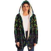 Tryptek II Micro Fleece Cloak, Hooded Wearable Art, Psychedelic Festival Layer — back — hood raised