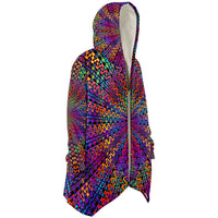 Rainbow Flow Micro Fleece Cloak, Hooded Wearable Art, Psychedelic Festival Layer — front — hood lowered