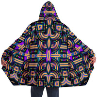 Tea Daze Micro Fleece Cloak, Hooded Wearable Art, Psychedelic Festival Layer — back spread — hood raised