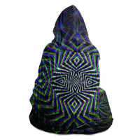 Starseed Hooded Blanket, Crystalline Starburst Sherpa Throw, Cosmic Meditation Gift, Neon Sacred Geometry Blanket