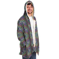 Hypnotic Hills Micro Fleece Cloak, Hooded Wearable Art, Psychedelic Festival Layer — back — hood raised