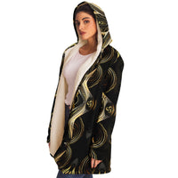 Golden Age Micro Fleece Cloak, Hooded Wearable Art, Psychedelic Festival Layer — wearer-right three-quarter — hood lowered