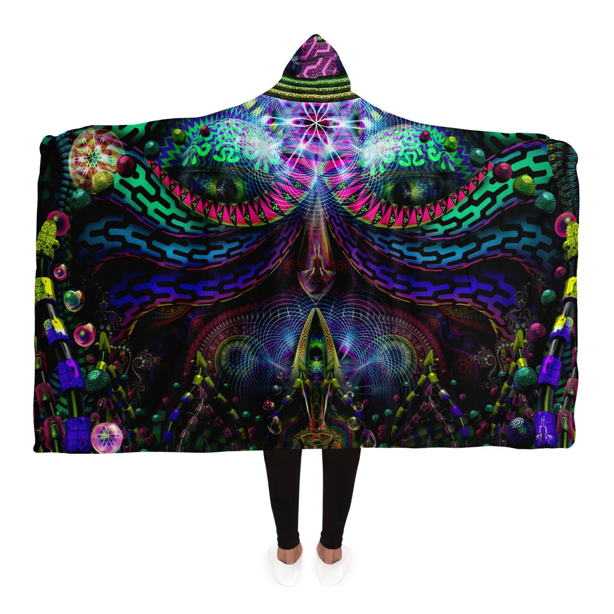 Primordial Playroom Hooded Blanket, Dreamlike Face Neon Sherpa Throw, Surreal Boho Gift, Visionary Psychedelic Blanket