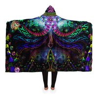Primordial Playroom Hooded Blanket, Dreamlike Face Neon Sherpa Throw, Surreal Boho Gift, Visionary Psychedelic Blanket