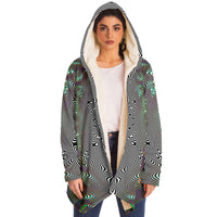 Prismatic Frequency Micro Fleece Cloak, Hooded Wearable Art, Psychedelic Festival Layer — back — hood raised