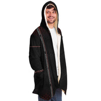 Singular Sight Cloak Micro Fleece Cloak, Hooded Wearable Art, Psychedelic Festival Layer — wearer-right three-quarter — hood lowered