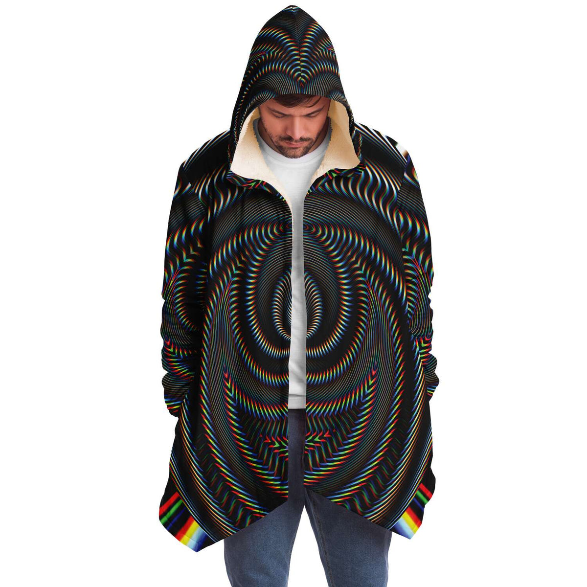 Waveform Micro Fleece Cloak, Hooded Wearable Art, Psychedelic Festival Layer — front — hood raised