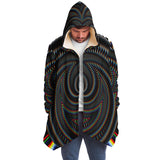 Waveform Micro Fleece Cloak, Hooded Wearable Art, Psychedelic Festival Layer — front — hood raised