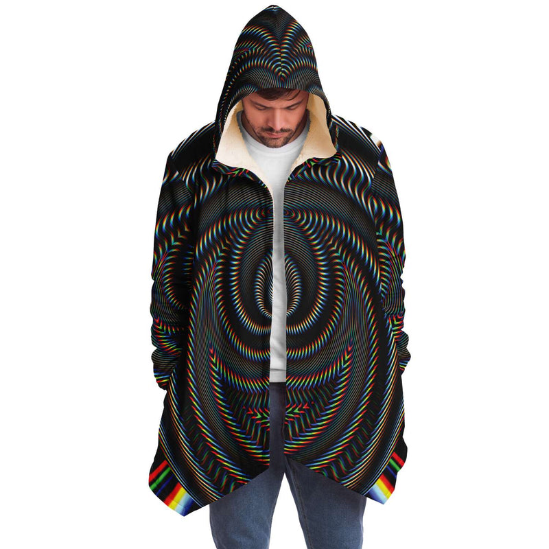 Waveform Micro Fleece Cloak, Hooded Wearable Art, Psychedelic Festival Layer — front — hood raised