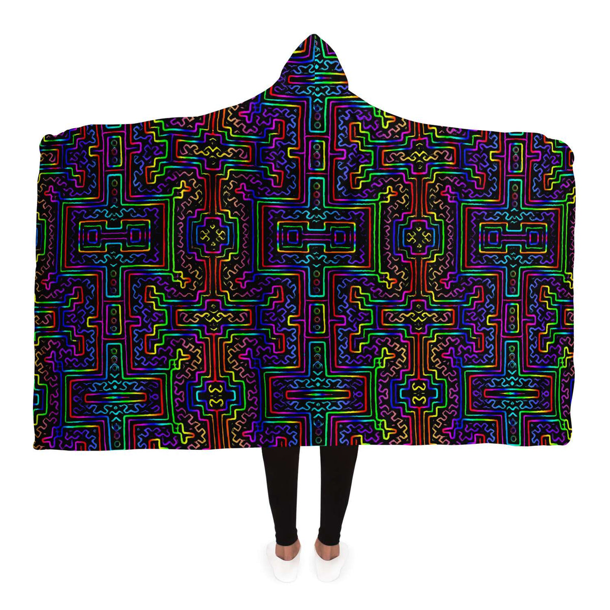 Prismatic Overlay Hooded Blanket, Neon Labyrinth Geometric Sherpa Throw, Futuristic Boho Gift, Glowing Circuit Blanket