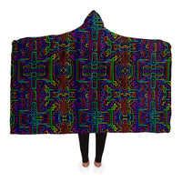 Prismatic Overlay Hooded Blanket, Neon Labyrinth Geometric Sherpa Throw, Futuristic Boho Gift, Glowing Circuit Blanket