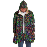 Icaro Flow Micro Fleece Cloak, Hooded Wearable Art, Psychedelic Festival Layer — front — hood raised