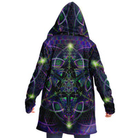 Trance Nectar Micro Fleece Cloak, Hooded Wearable Art, Psychedelic Festival Layer — back spread — hood raised
