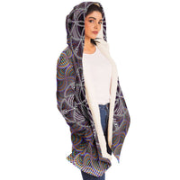 Sacred Seed Micro Fleece Cloak, Hooded Wearable Art, Psychedelic Festival Layer — wearer-right three-quarter — hood lowered