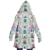 Hyperjewels Micro Fleece Cloak, Hooded Wearable Art, Psychedelic Festival Layer — front — hood lowered