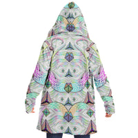 Hyperjewels Micro Fleece Cloak, Hooded Wearable Art, Psychedelic Festival Layer — front — hood lowered