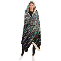 Organix Hooded Blanket, Optical Wave Glitch Sherpa Throw, Psychedelic Boho Gift, Black and White Visionary Blanket