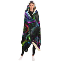 Primordial Archetype Hooded Blanket, Biomechanical Mask Neon Sherpa Throw, Visionary Techno Gift, Ancient Cosmic Blanket
