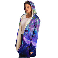 Satyam Shivam Sundaram Micro Fleece Cloak, Hooded Wearable Art, Psychedelic Festival Layer — wearer-right three-quarter — hood lowered