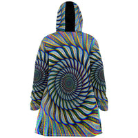 Phonetic Vortex Micro Fleece Cloak, Hooded Wearable Art, Psychedelic Festival Layer — wearer-right three-quarter — hood lowered
