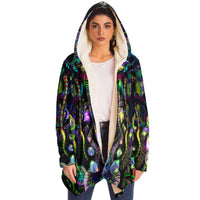 Mystic Temptation Micro Fleece Cloak, Hooded Wearable Art, Psychedelic Festival Layer — back — hood raised