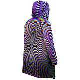 Xebrax Micro Fleece Cloak, Hooded Wearable Art, Psychedelic Festival Layer — wearer-right three-quarter — hood lowered