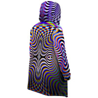 Xebrax Micro Fleece Cloak, Hooded Wearable Art, Psychedelic Festival Layer — wearer-right three-quarter — hood lowered